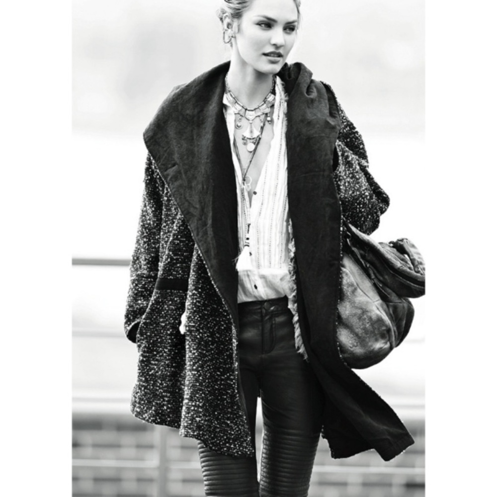 Free People Tweed Satellite Image Swing Coat Size Large Hooded Jacket -HOST PICK